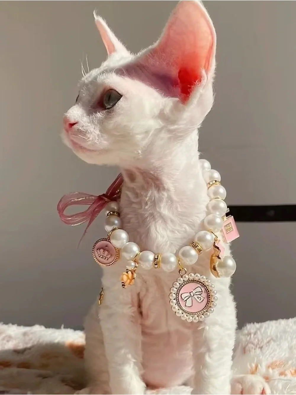 Cute Pearl Dog Cat Collar Necklace Pink and Gold Charms Pet Jewelry Adjustable